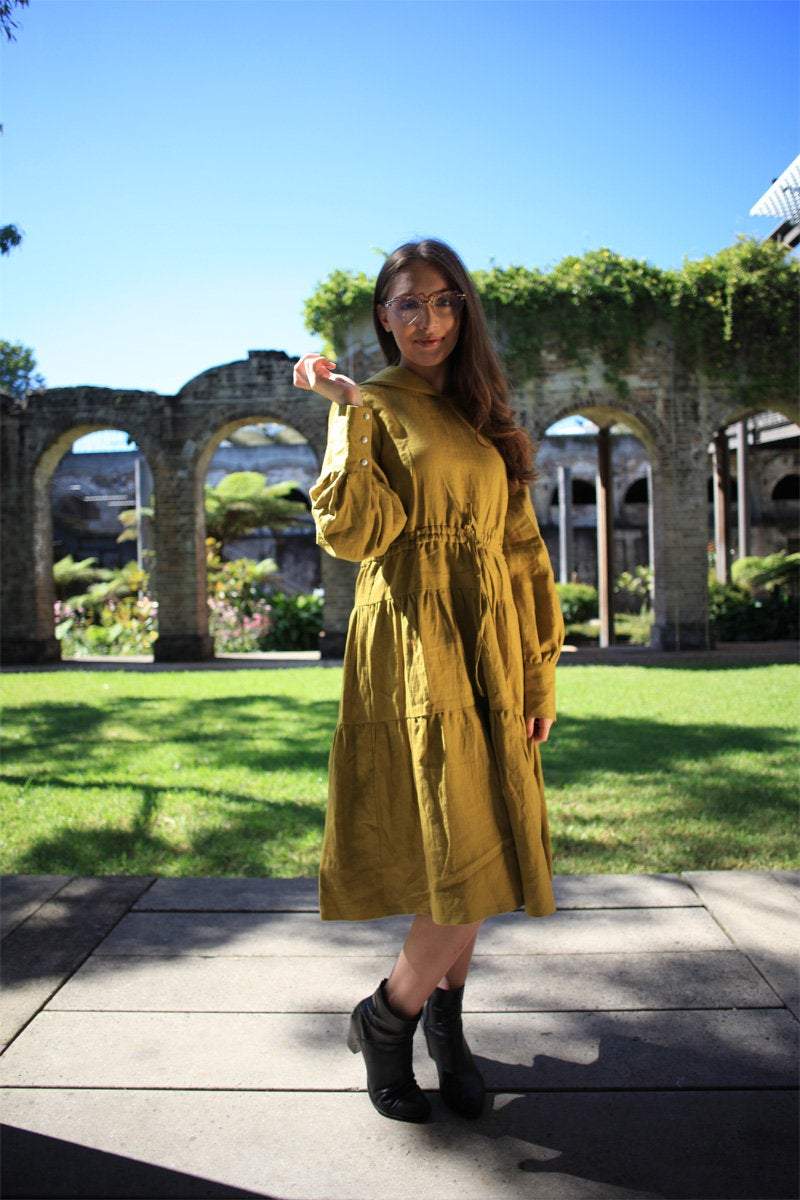 Greenish mustard dress, linen dress, oversized linen dress, linen casual dress, drawstring waist dress, midi dress, womens dresses C1488