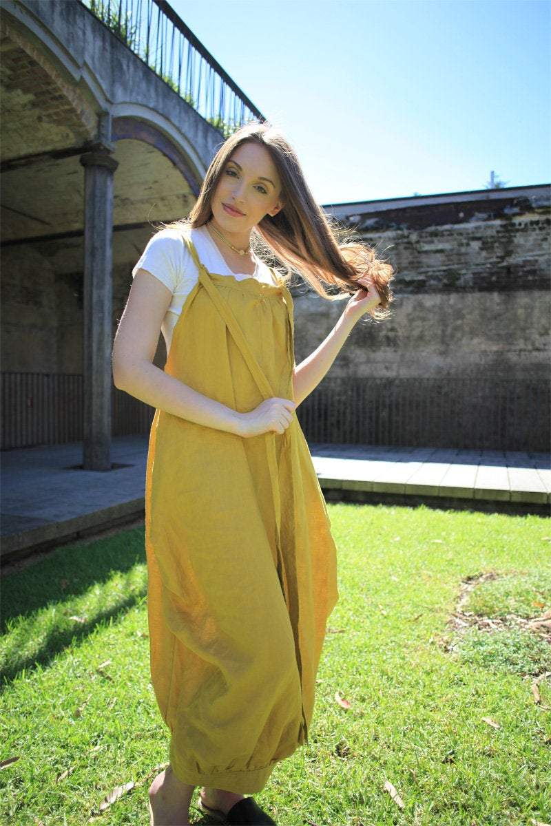 Yellow Pinafore dress, linen dress, maxi linen dress, Linen pinafore dress, overalls dress, womens overalls, summer dress