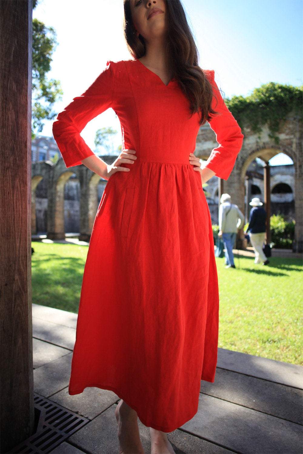 Linen dress, simiple linen dress, long linen dress, womens dress, red dress, pleated dress, pockets dress C1501
