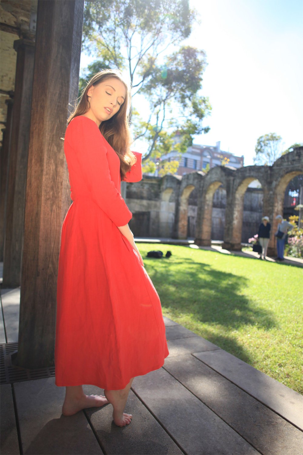 Linen dress, simiple linen dress, long linen dress, womens dress, red dress, pleated dress, pockets dress C1501