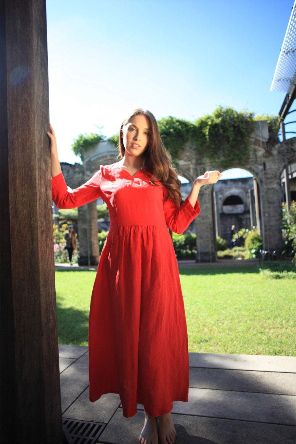 Linen dress, simiple linen dress, long linen dress, womens dress, red dress, pleated dress, pockets dress C1501