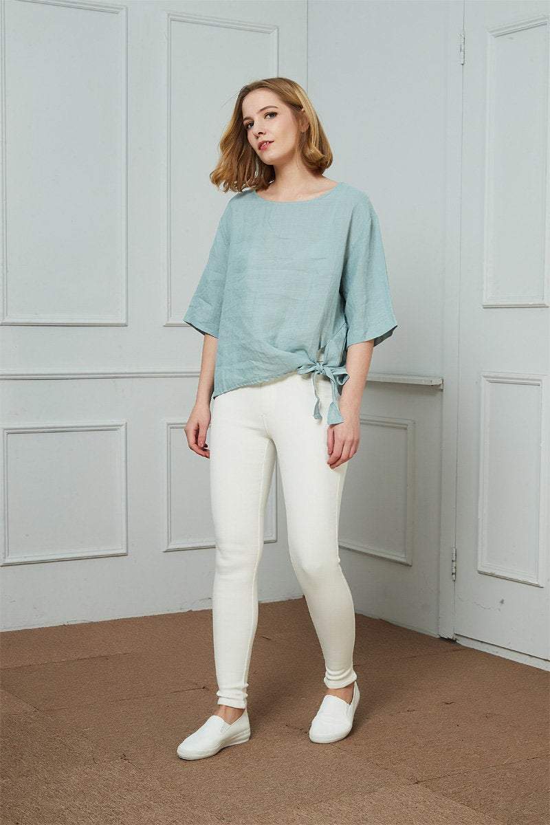 Oversized linen top, Back-Button Short-Sleeve Top, Button linen top, blue linen top, womens linen top, summer linen top C1478