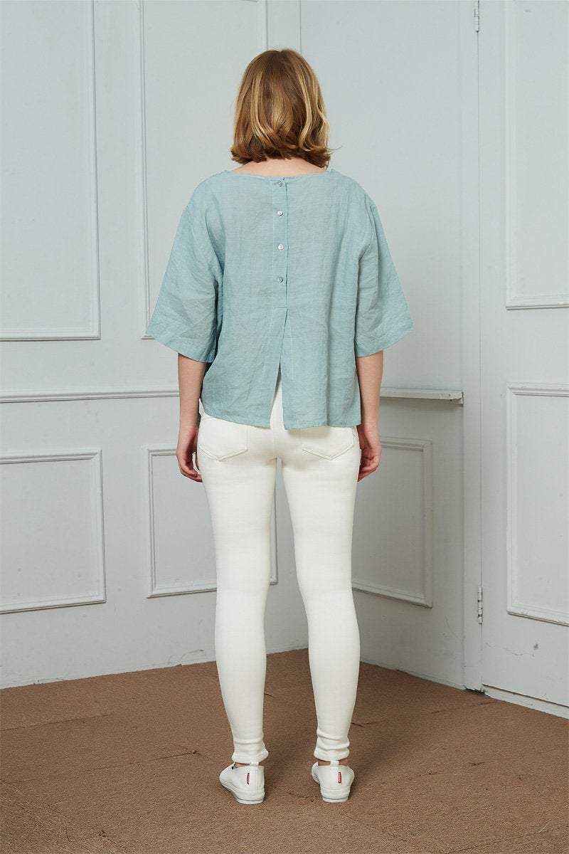 Oversized linen top, Back-Button Short-Sleeve Top, Button linen top, blue linen top, womens linen top, summer linen top C1478