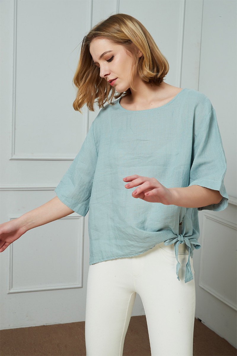 Oversized linen top, Back-Button Short-Sleeve Top, Button linen top, blue linen top, womens linen top, summer linen top C1478
