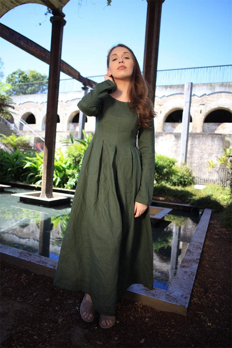 Burgundy Linen Dress - Semi-Fitted Long Maxi Plus Size dress C606