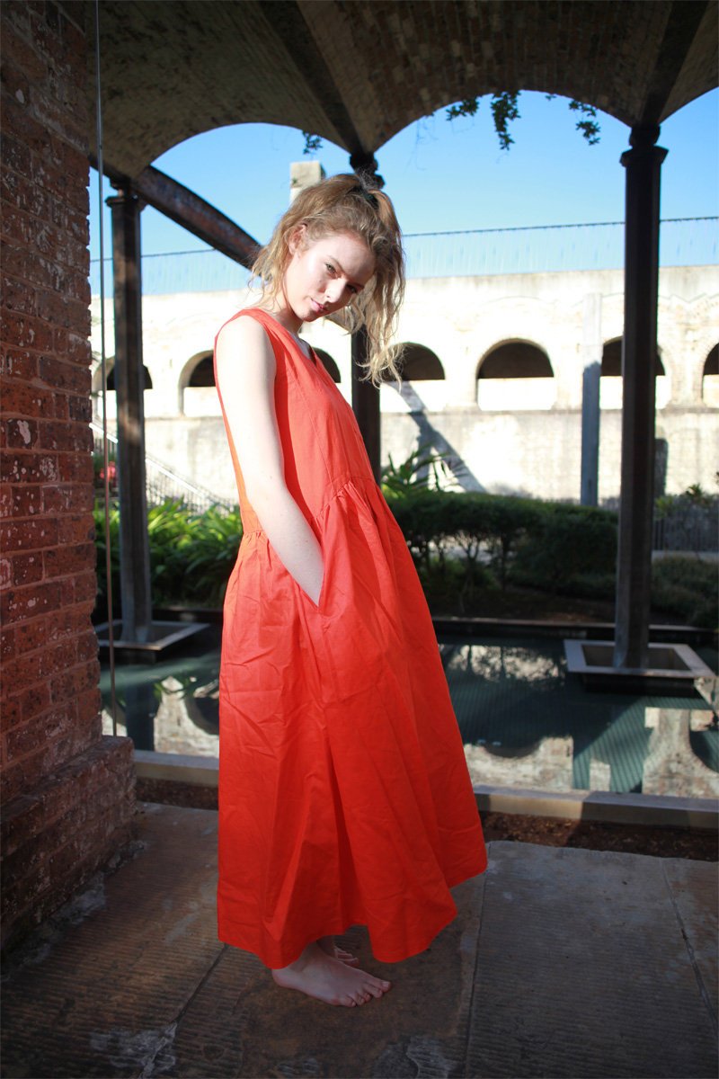 Linen dress, orange Linen Dress, Maxi Neutral Color V-neck Sleeveless Loose-Fitting Summer Dress with Pocket C1492