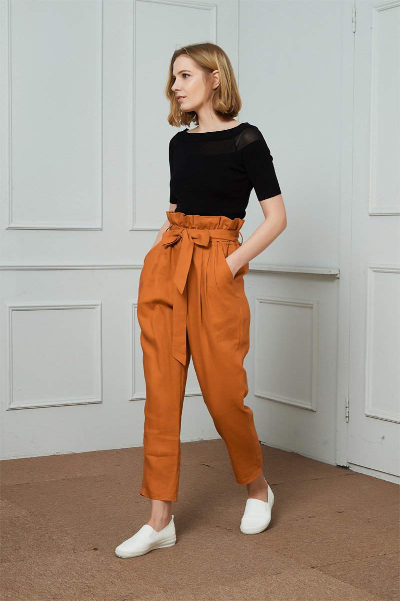 High-Waisted Linen Pants, linen tapered pants with rope belt