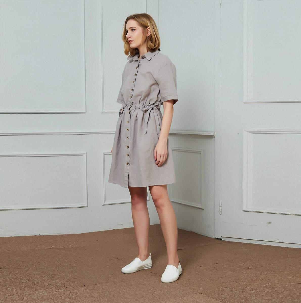 Gray summer linen dress women C1455, yy04046