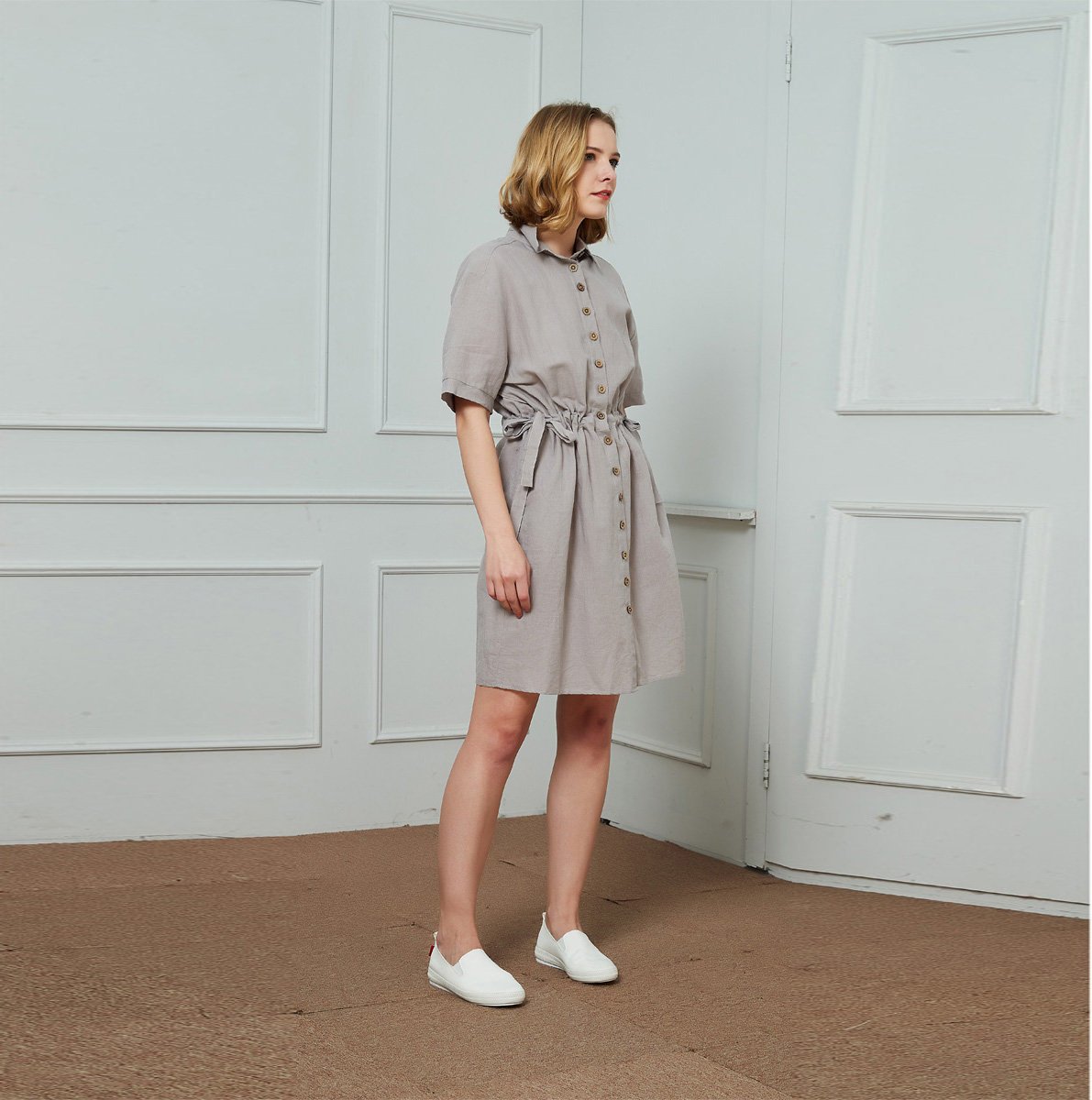 Gray summer linen dress women C1455, yy04046