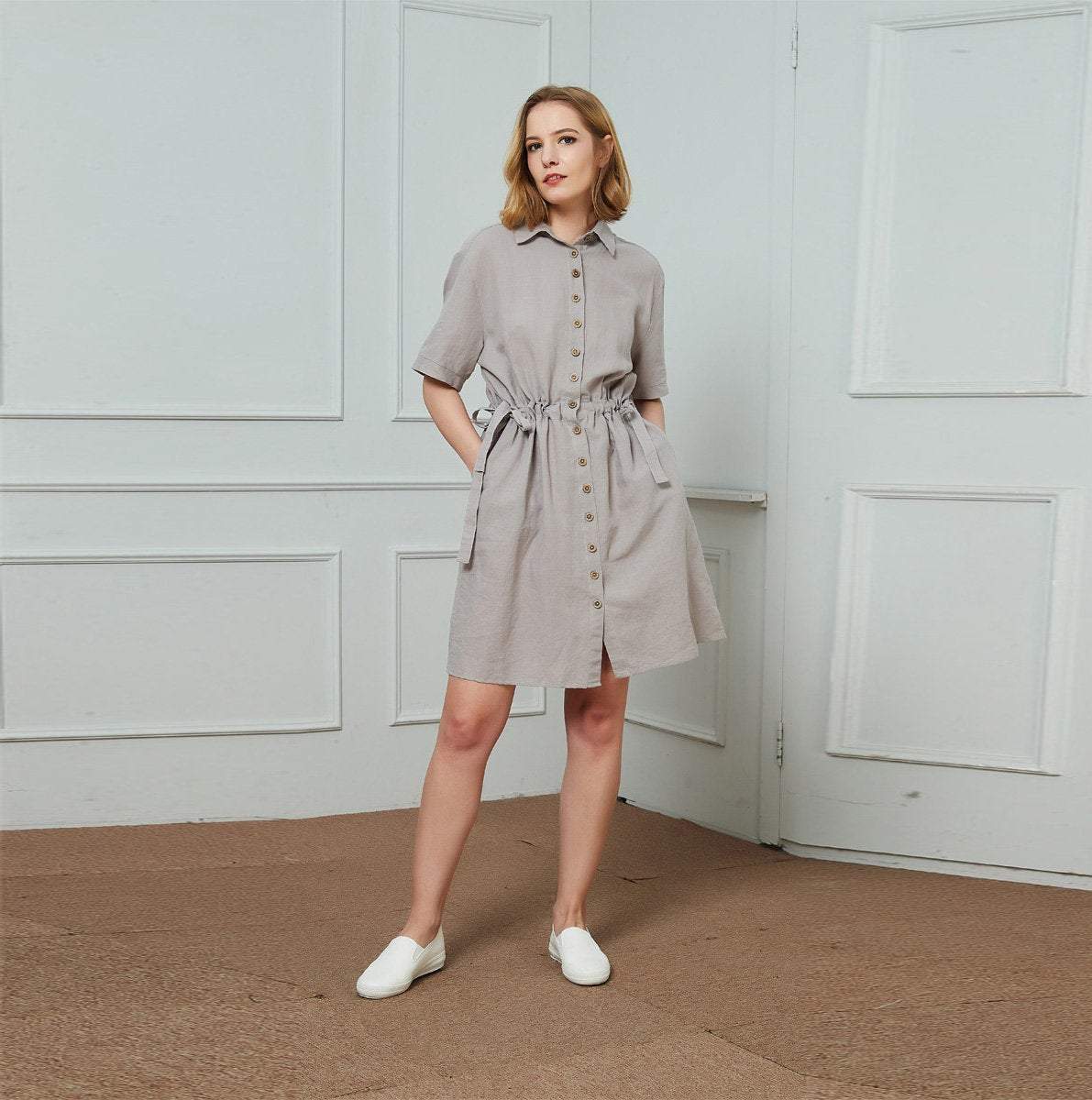 Gray summer linen dress women C1455, yy04046