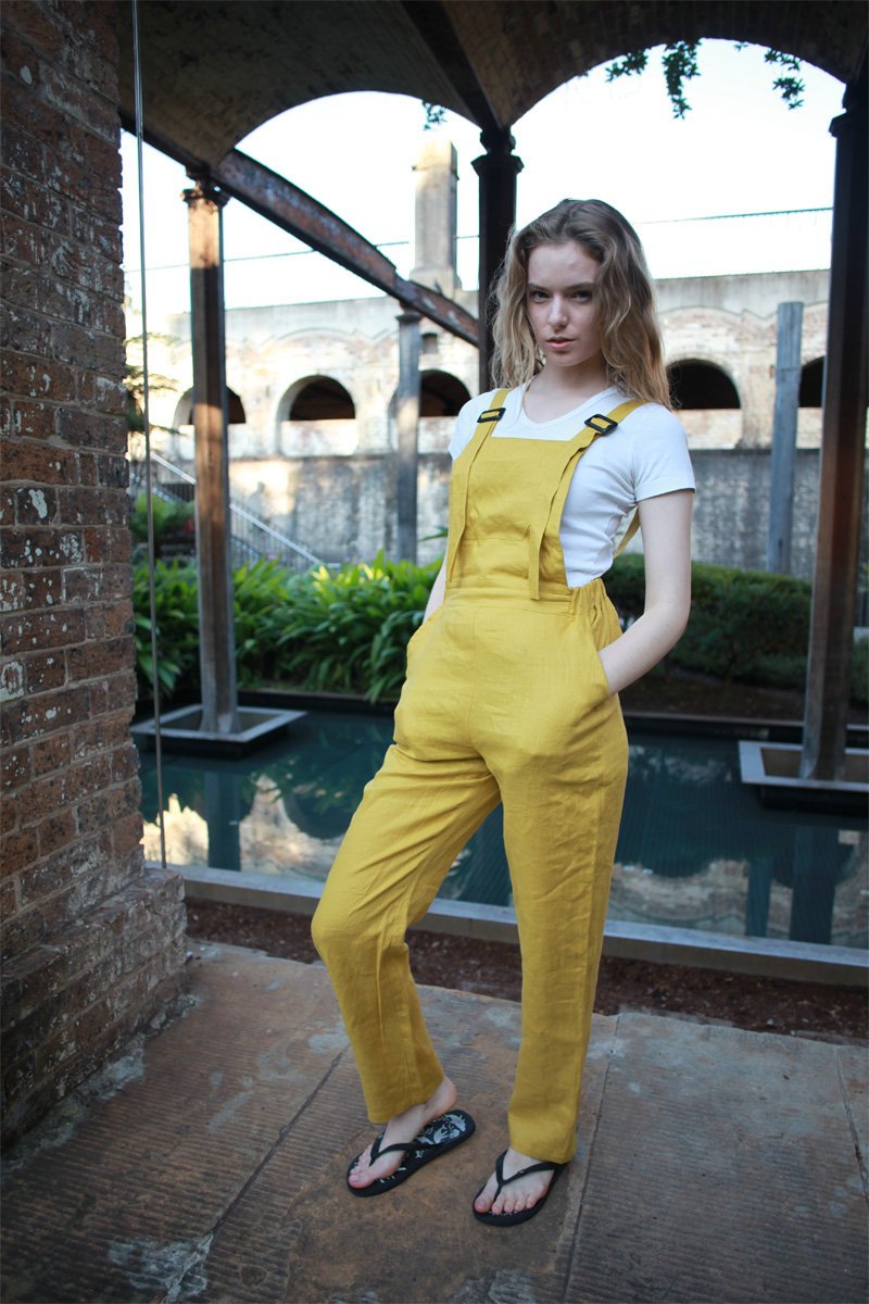 yellow linen pants, linen jumpsuit, casual linen pants, linen pants for women, yellow Bib linen pants, handmade linen pants C1502