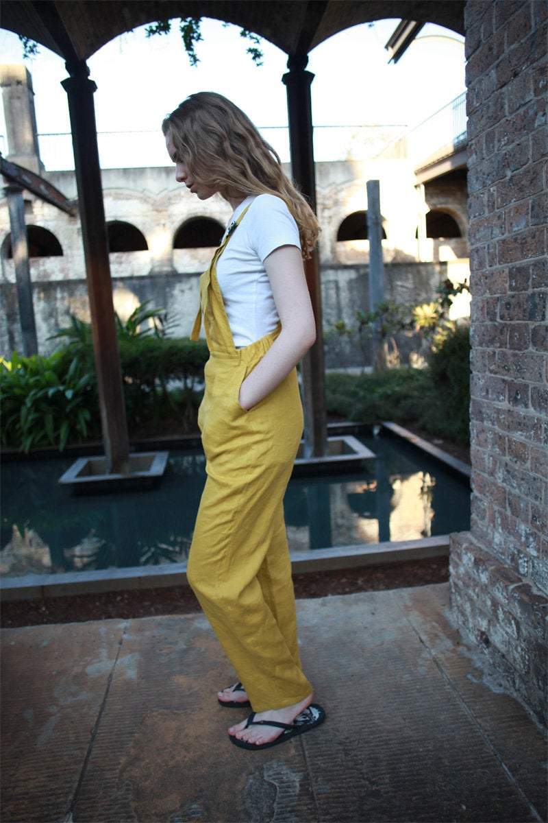 yellow linen pants, linen jumpsuit, casual linen pants, linen pants for women, yellow Bib linen pants, handmade linen pants C1502