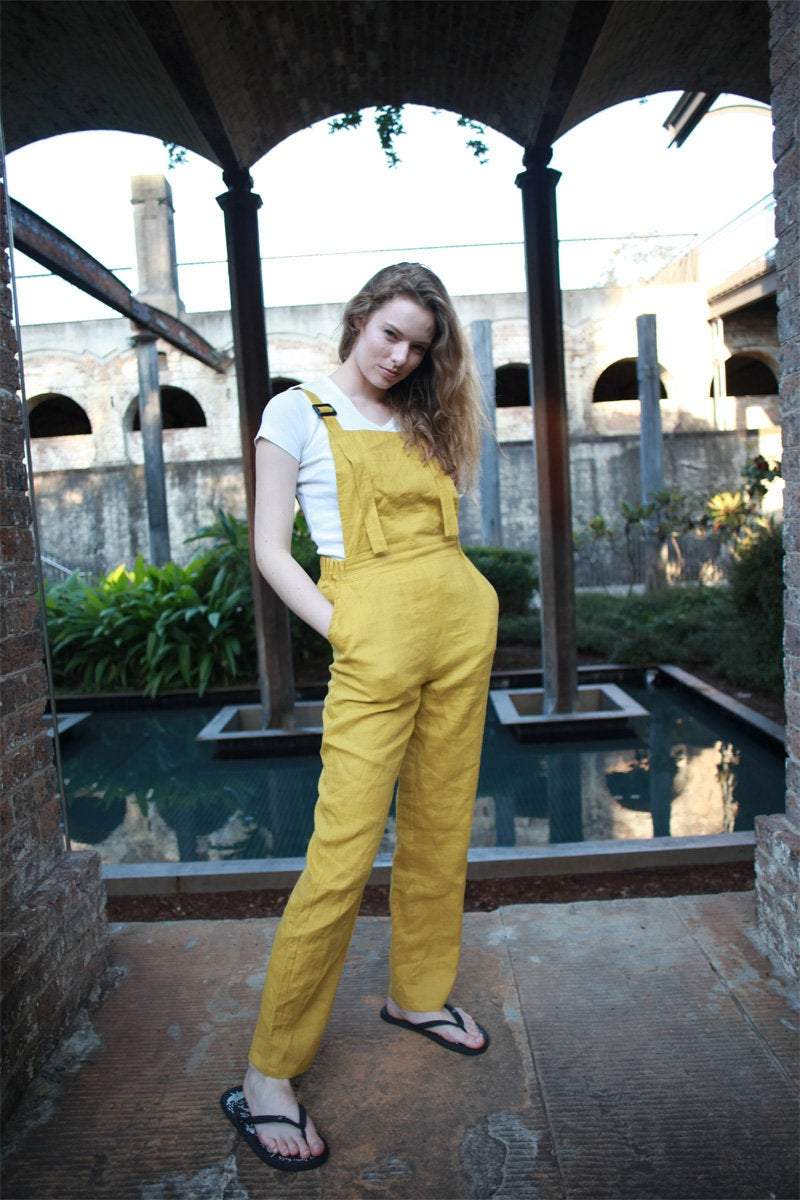 yellow linen pants, linen jumpsuit, casual linen pants, linen pants for women, yellow Bib linen pants, handmade linen pants C1502