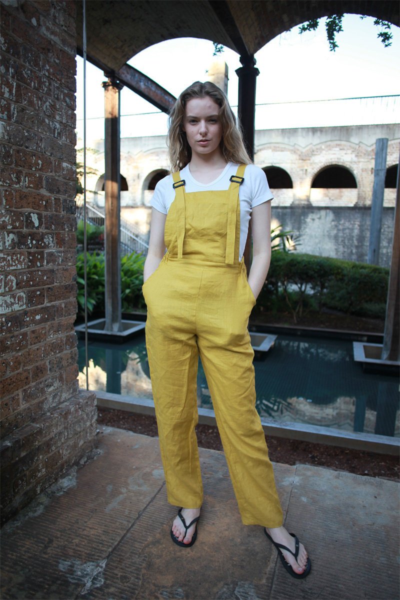 yellow linen pants, linen jumpsuit, casual linen pants, linen pants for women, yellow Bib linen pants, handmade linen pants C1502
