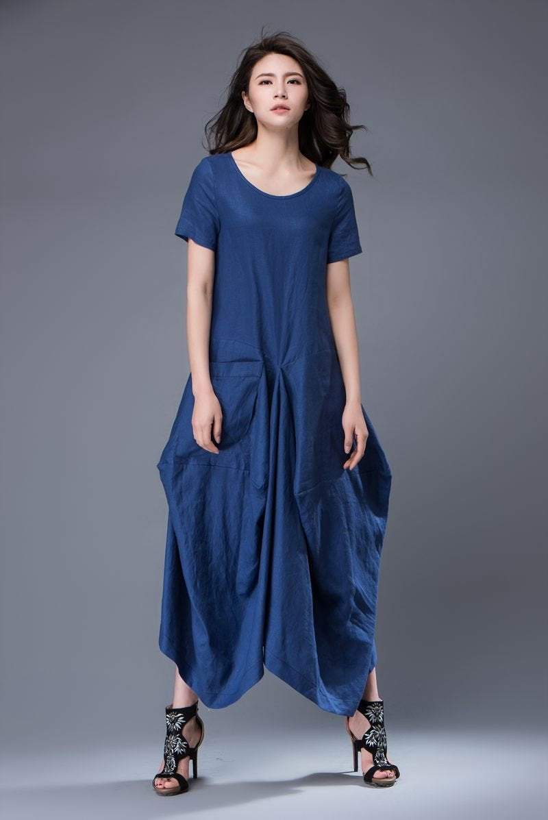 Lagenlook Long Maxi Short-Sleeved Loose-Fitting Asymmetrical Dress C883