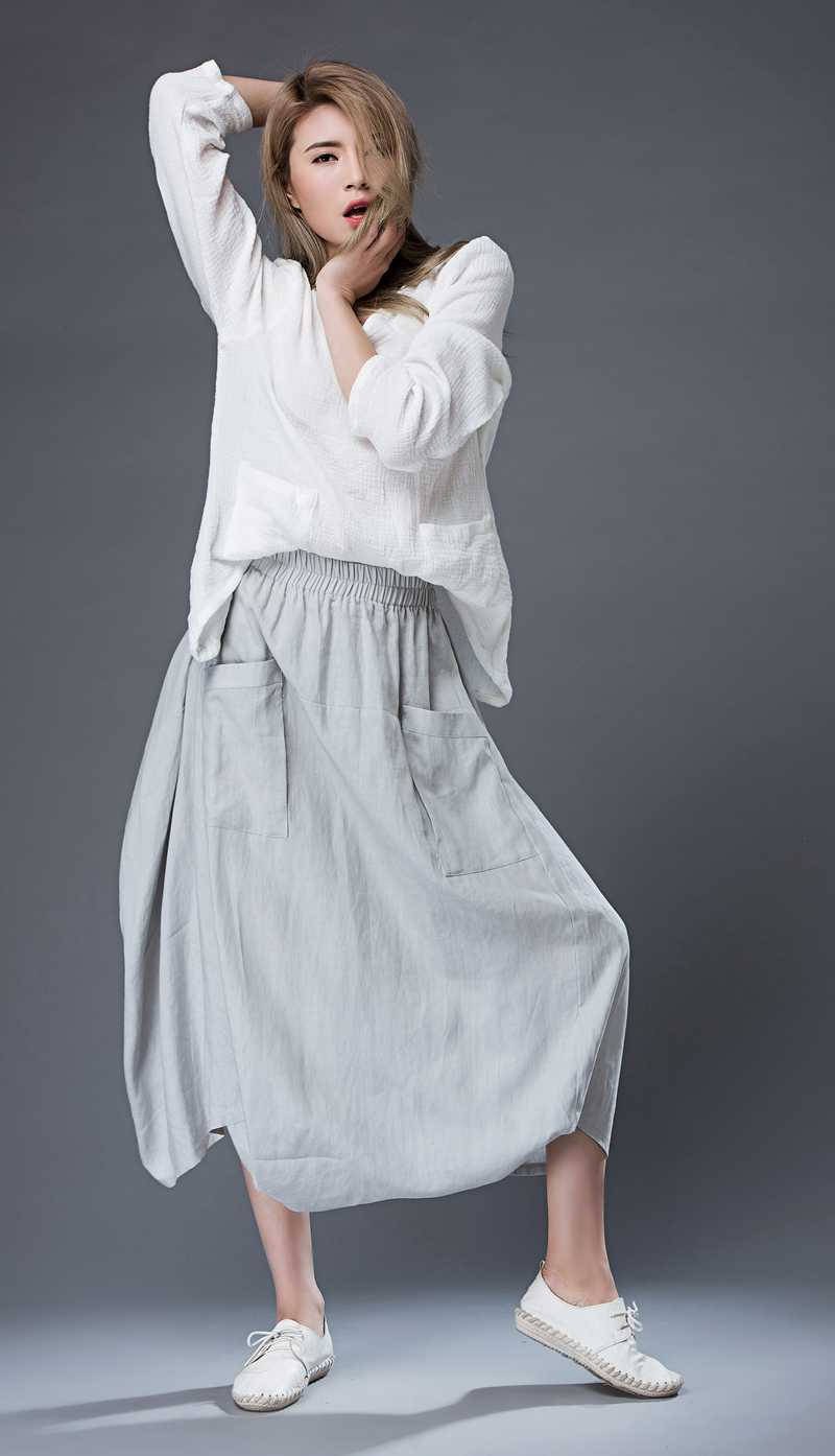 Modern Gray Skirt - Linen Casual Comfortable Everyday Trendy Contemporary Designer Women's Skirt C869