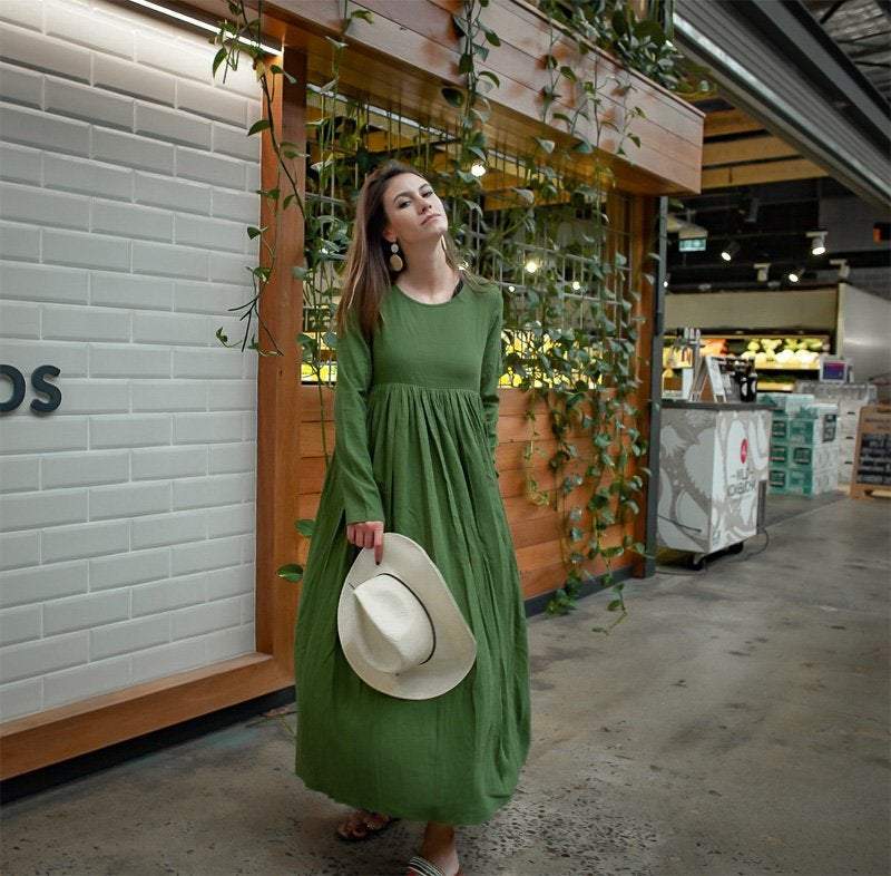 Long sleeve high waist maxi linen dress C1383
