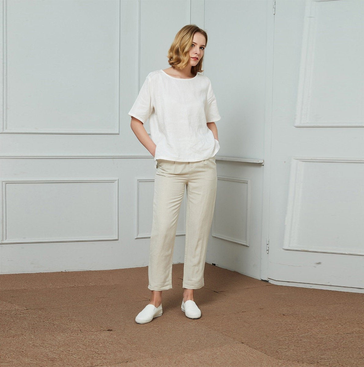 Linen pants, Vintage linen Cropped Trouser Pants, linen Straight Leg pants, Linen Pull-On Pants C1465