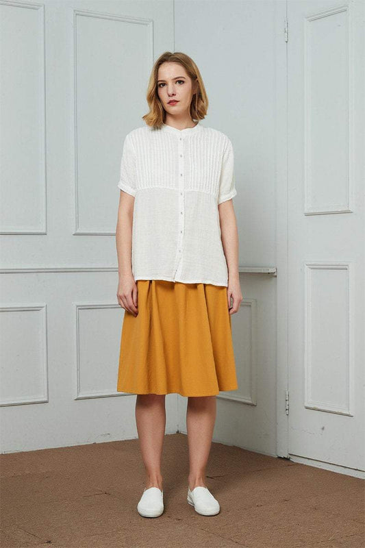 White Washed Linen Oversized Shirt - Relaxed Fit, Round Neck c1457