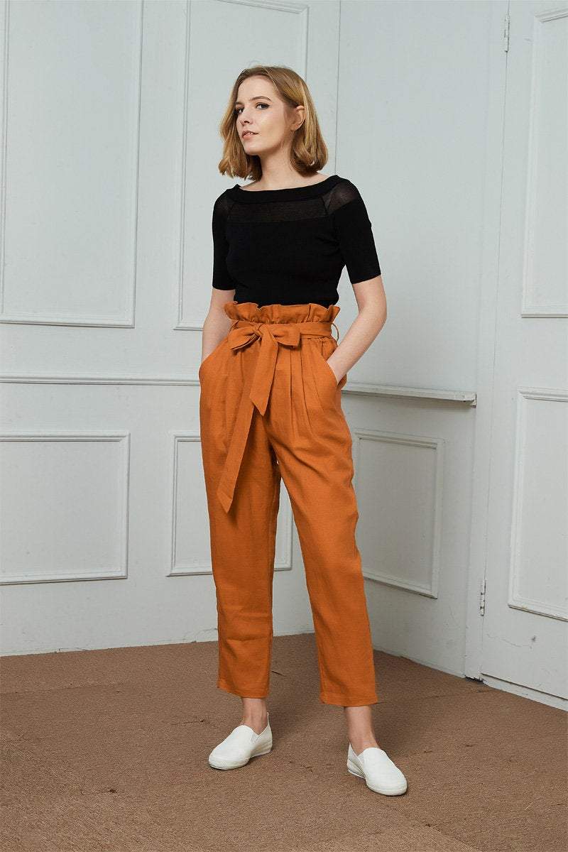 High-Waisted Linen Pants, linen tapered pants with rope belt, womens l –  Ylistyle
