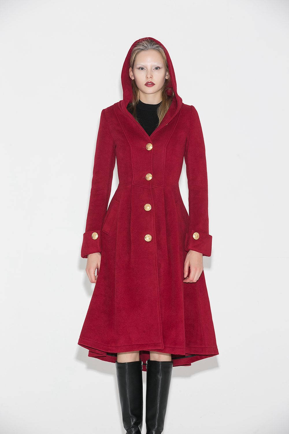 Red Wool Coat , Hooded wool Coat, wool coat, womens coats, Asymmetrical Hem Coat, red hooded coat, long red coat, Military Coat C680