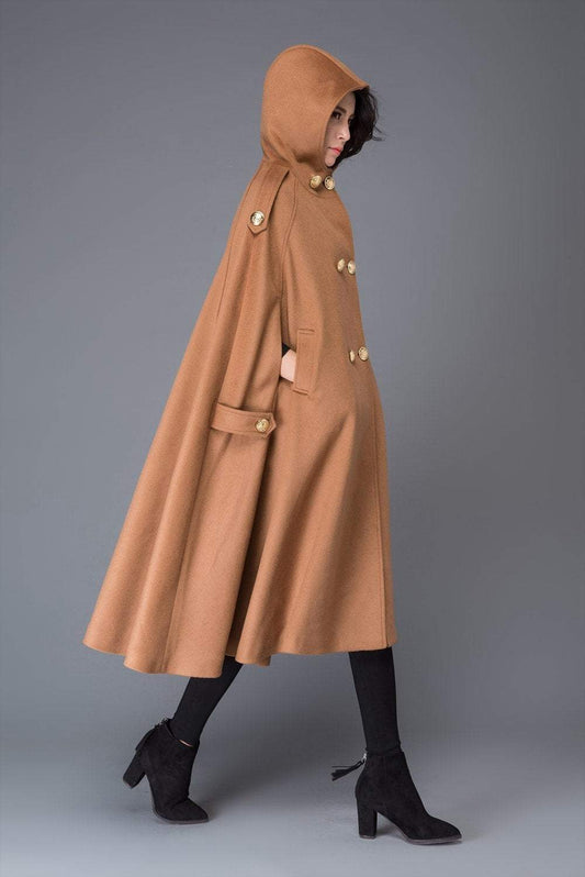 Brown Wool Hooded Cape Coat - Maxi Length, Gold Button Closure C994