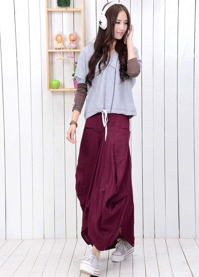 Maxi Linen Skirt - Raspberry Red Casual Modern Skirt (C789)
