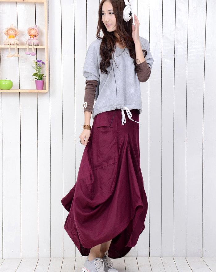 Maxi Linen Skirt - Raspberry Red Casual Modern Skirt (C789)