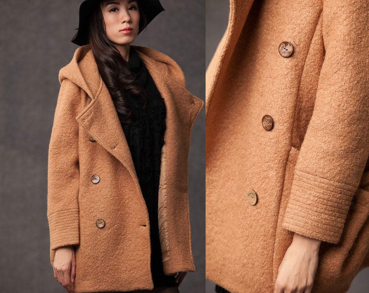 plus size coat, winter coat, pea coat, hooded wool coat, brown coat, womens coats, wollmantel, wool duffle coat, winter coat hood, coat C381