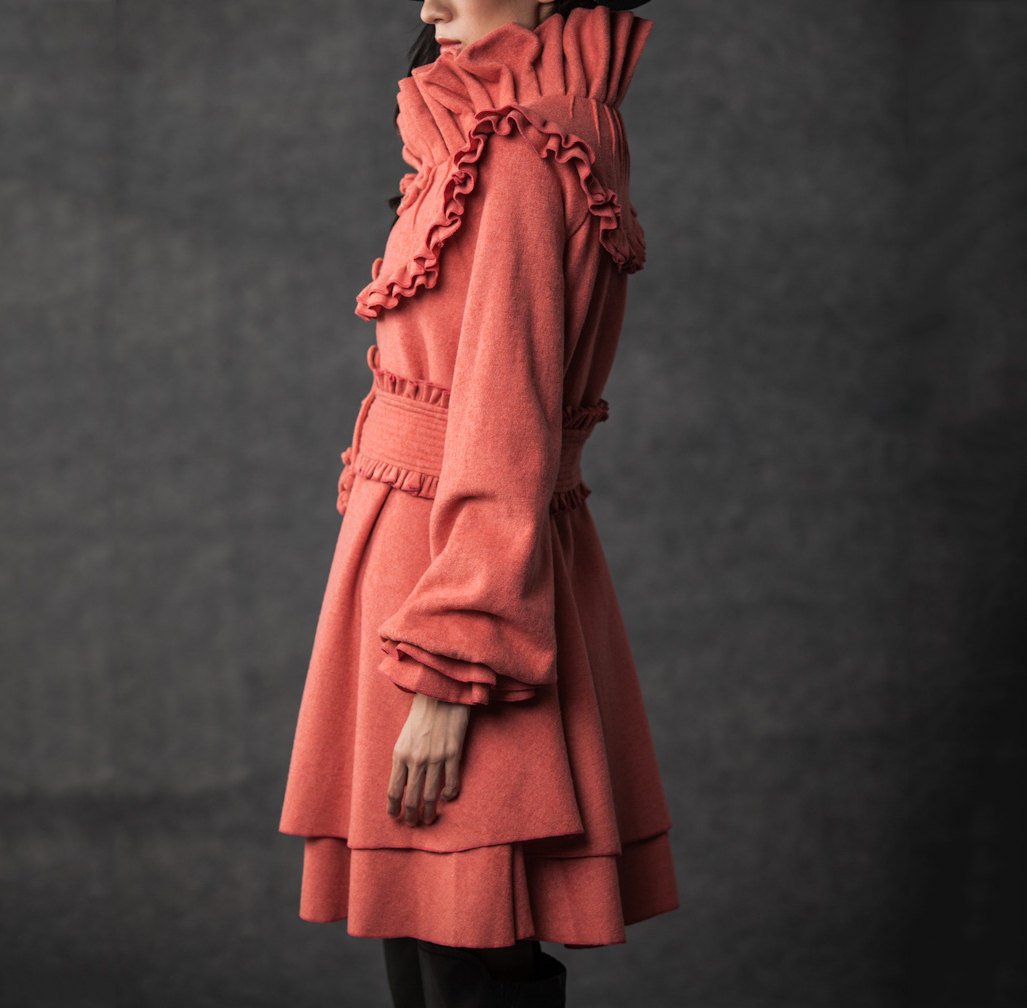 Orange wool coat, warm coat, winter coat, womens coat, midi coat, Marie antoinette coat, vintage style coat, ruffle coat, handmade coat C790