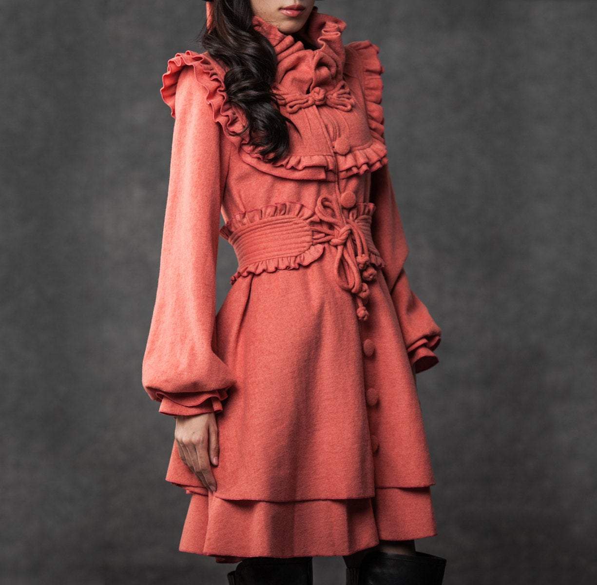 Orange wool coat, warm coat, winter coat, womens coat, midi coat, Marie antoinette coat, vintage style coat, ruffle coat, handmade coat C790
