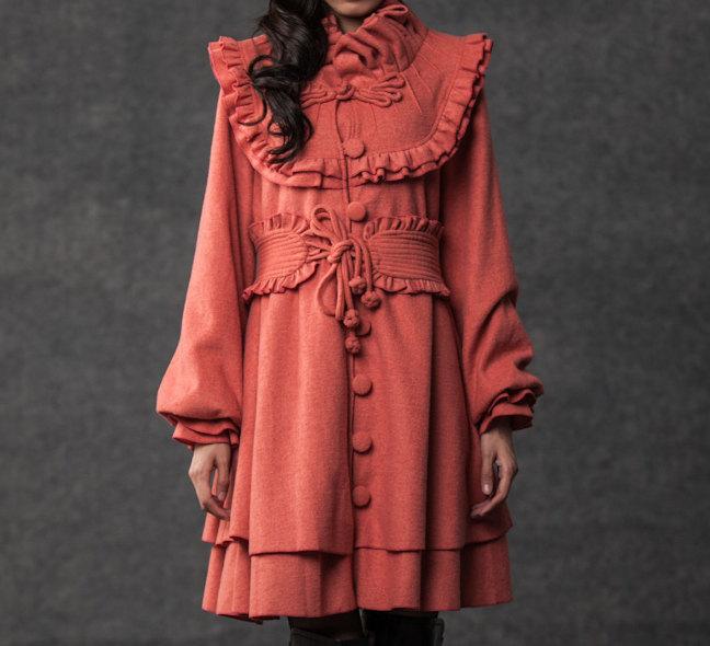 Orange wool coat, warm coat, winter coat, womens coat, midi coat, Marie antoinette coat, vintage style coat, ruffle coat, handmade coat C790