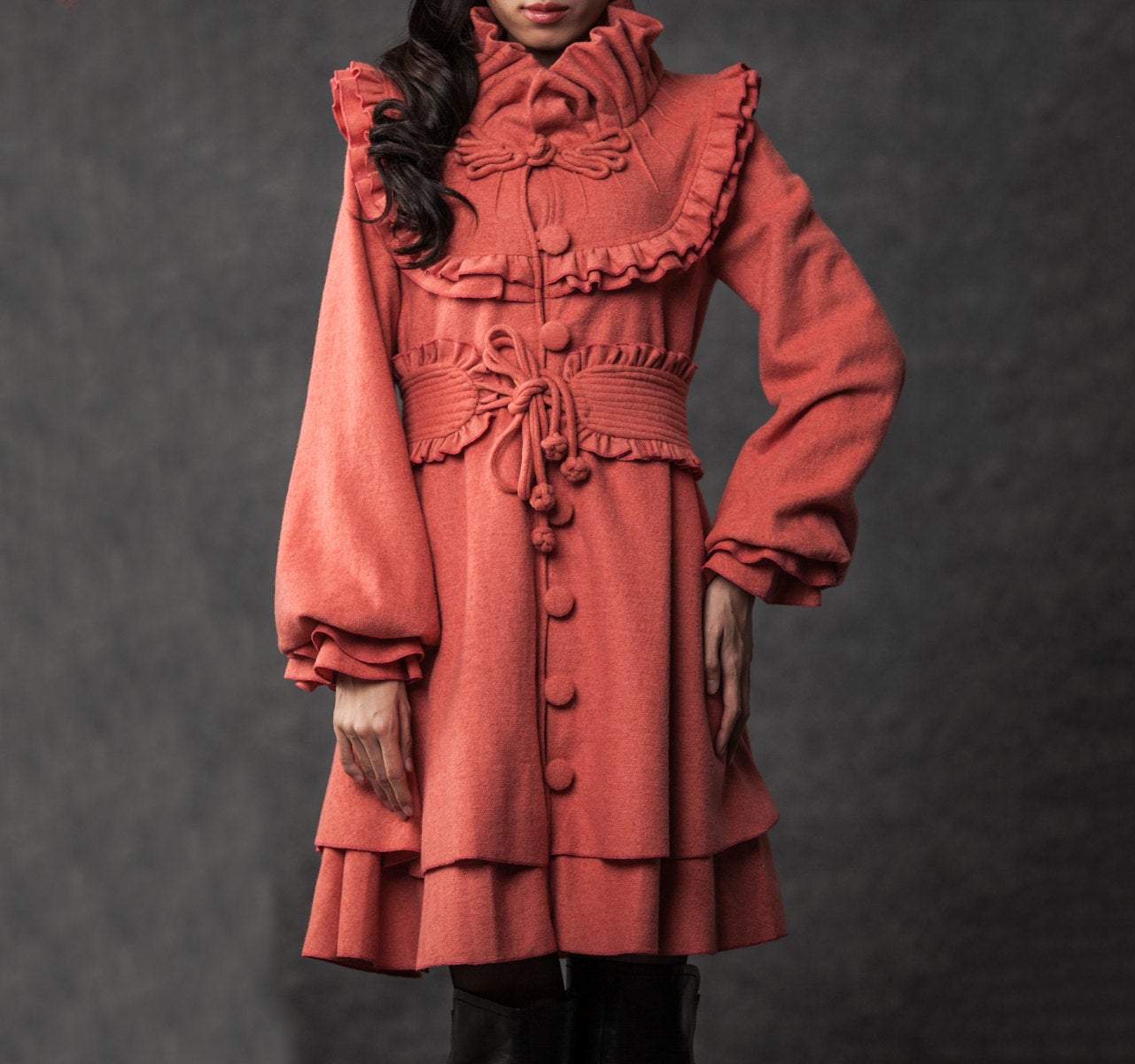 Orange wool coat, warm coat, winter coat, womens coat, midi coat, Marie antoinette coat, vintage style coat, ruffle coat, handmade coat C790