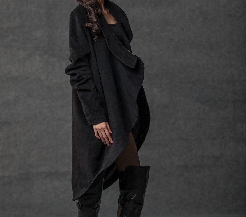 winter coat, trench coat, coat, jacket, wool coat, black jacket, womens coats, long coat, asymmetrical coat, black winter coat (C026 BLACK)