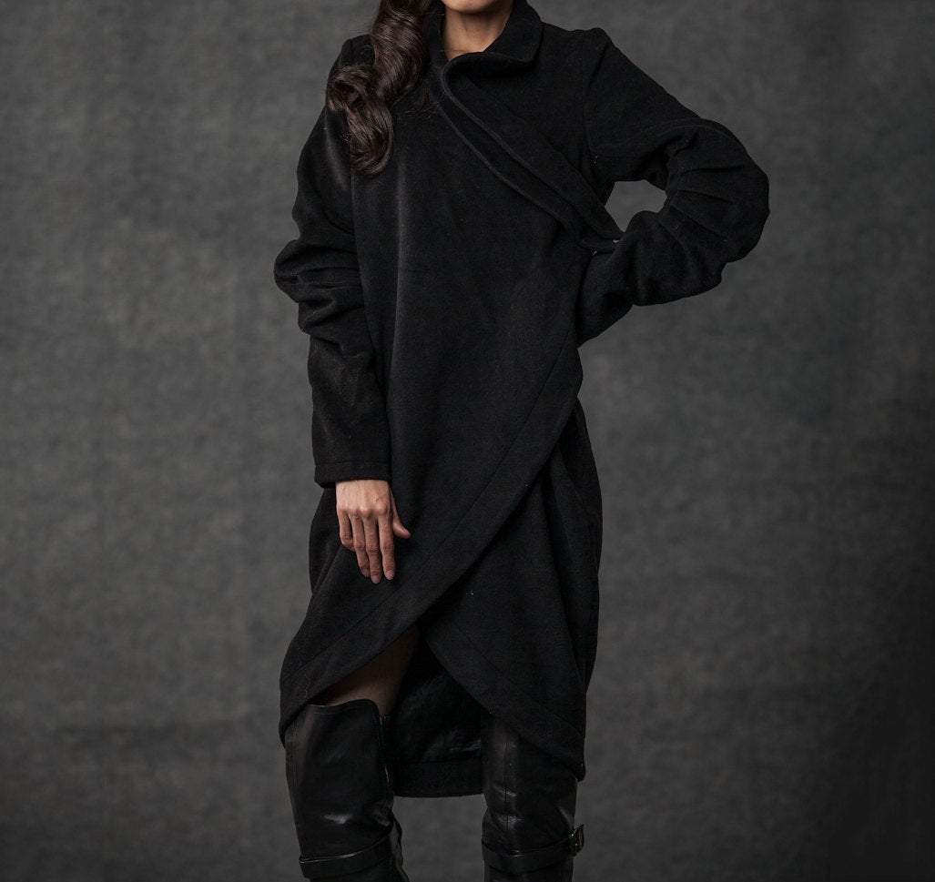 winter coat, trench coat, coat, jacket, wool coat, black jacket, womens coats, long coat, asymmetrical coat, black winter coat (C026 BLACK)