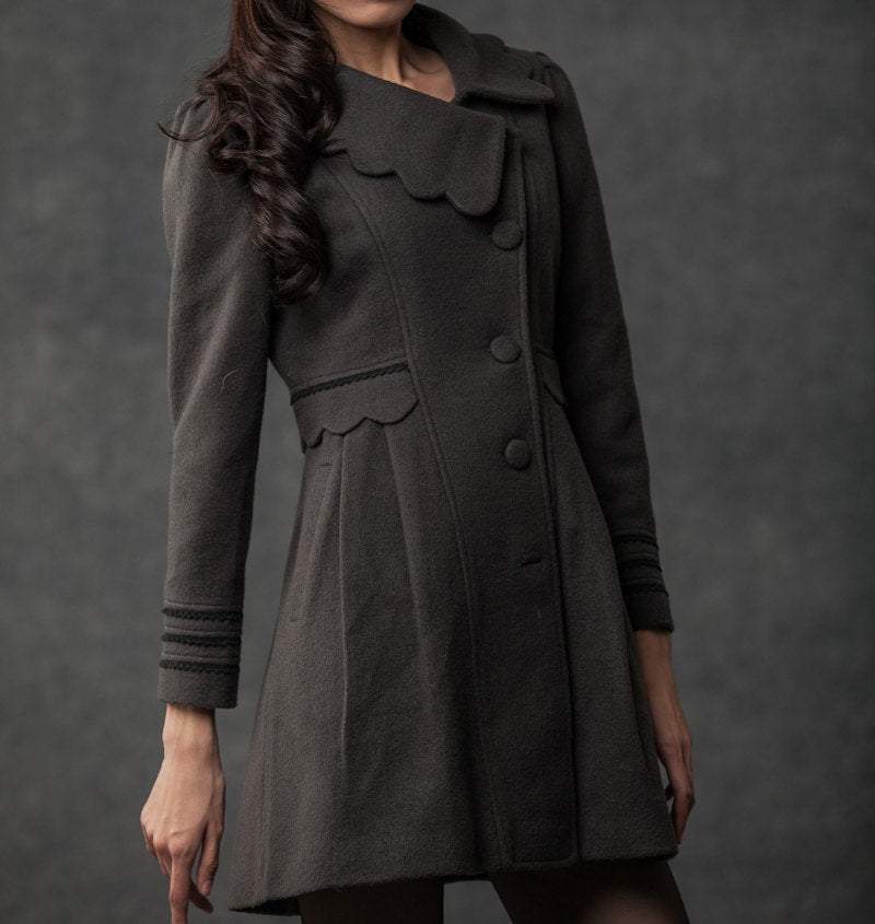 Gray Winter Coat - Woman's Outerwear Charcoal Grey Feminine Coat with Large Collar & Picot Edging C382 (CF126)