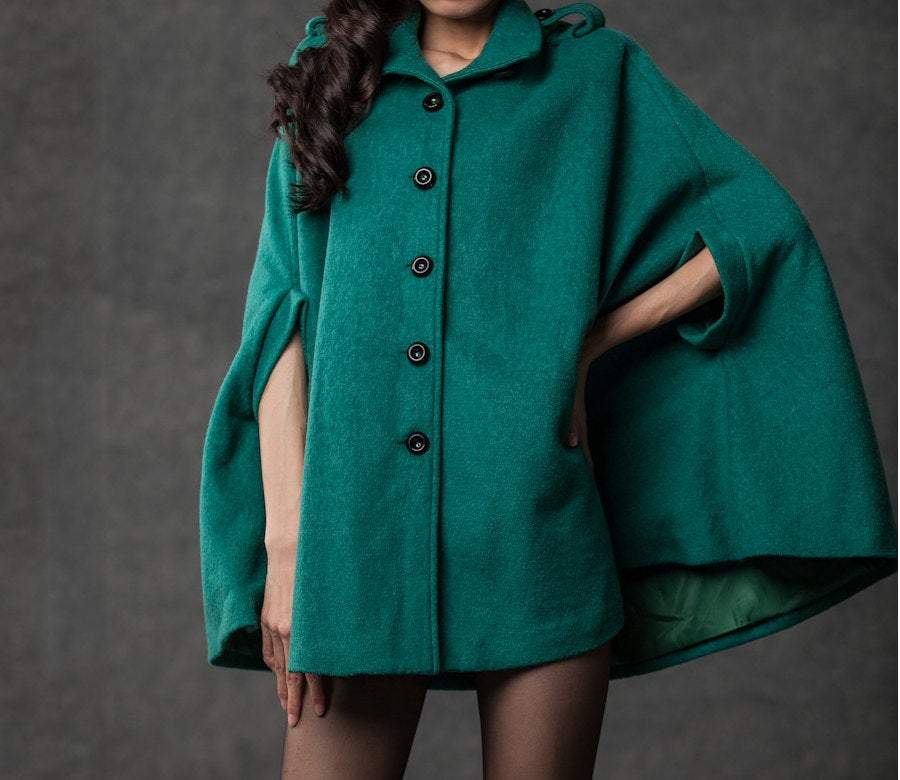 Teal Coat - Winter Wool Jacket Poncho Style Short C –