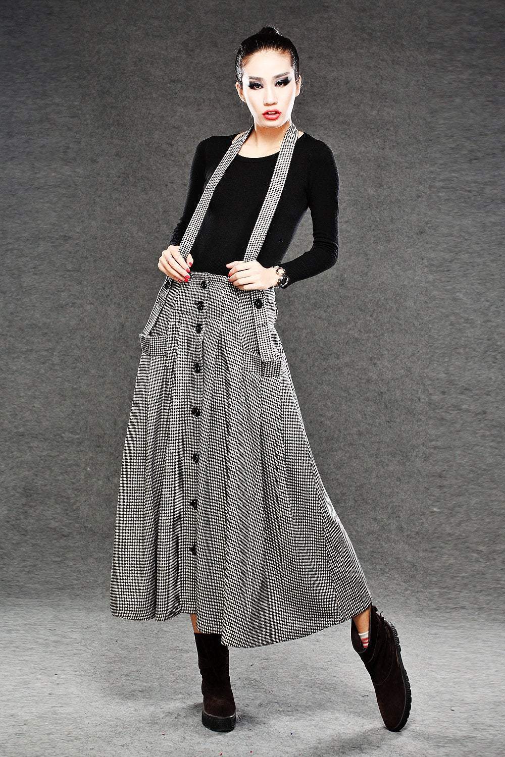 Wool Suspender skirt, pleated skirt, winter skirt, long skirt, womens skirts, maxi skirt, houndstooth skirt, button skirt, pocket skirt C049