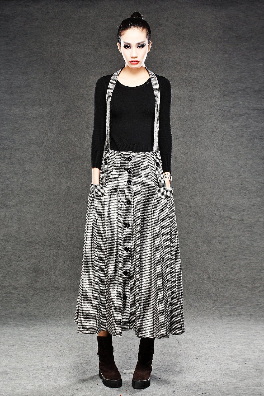 Wool Suspender skirt, pleated skirt, winter skirt, long skirt, womens skirts, maxi skirt, houndstooth skirt, button skirt, pocket skirt C049