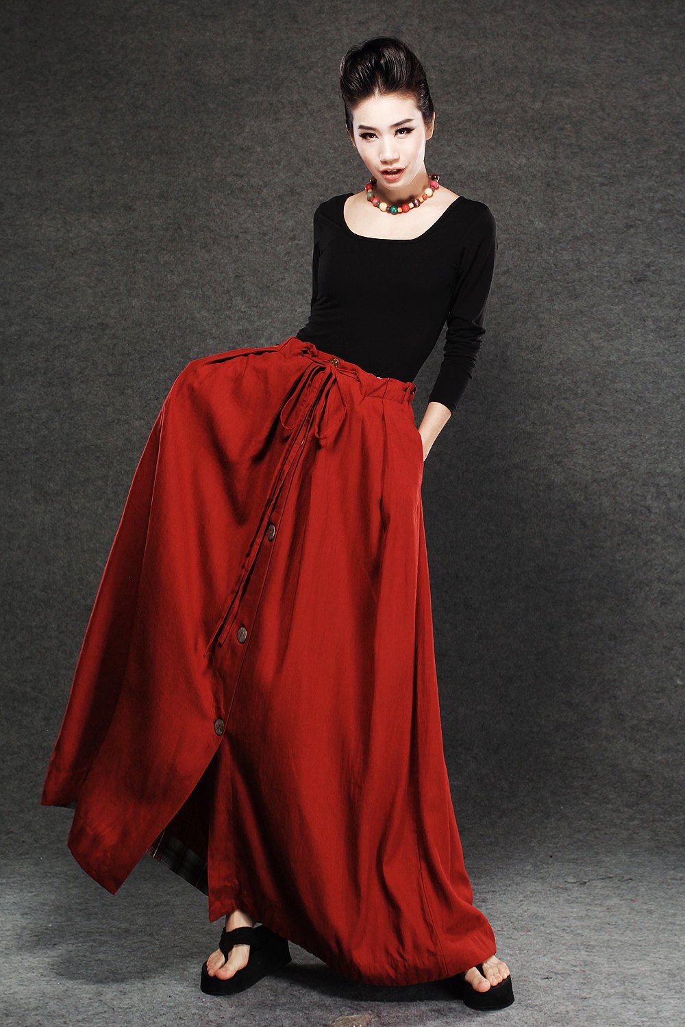 Red Linen Skirt - Maxi Skirt Long Women's Skirt Simple Design Versatile Handmade Clothing C055