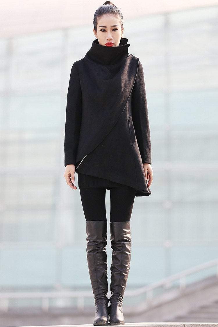 Asymmetrical coat, high collar coat C227