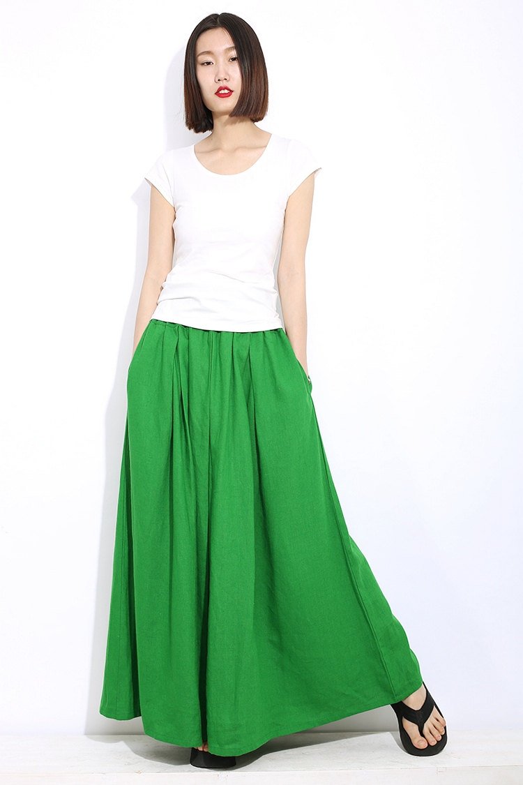 Green linen womens skirt, maxi womens summer skirt, long skirt with pockets, elastic skirt, Long linen skirt, linen pleated skirt C310