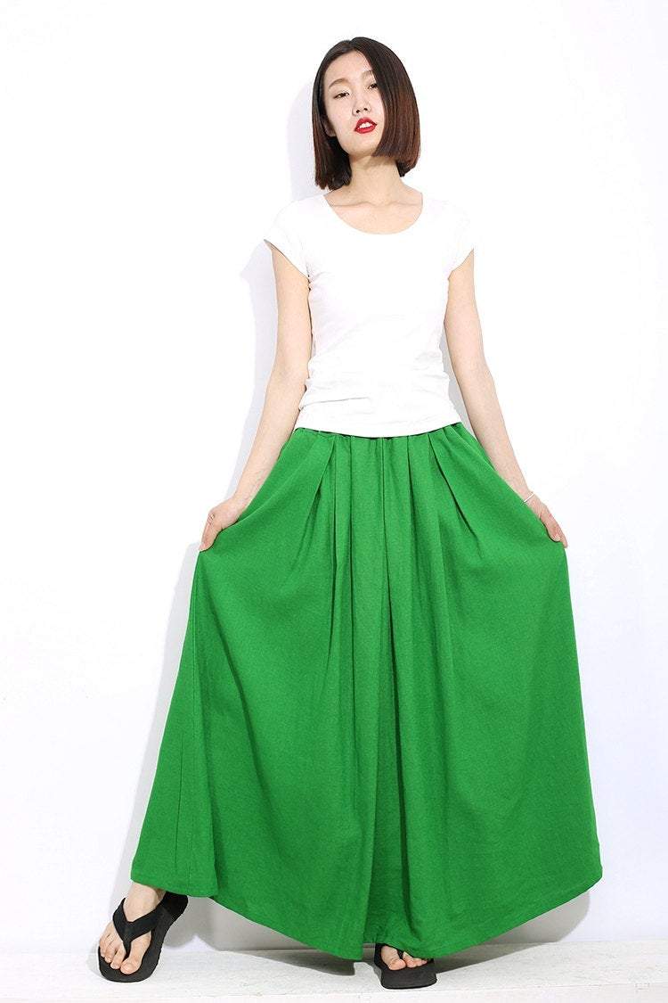 Green linen womens skirt, maxi womens summer skirt, long skirt with pockets, elastic skirt, Long linen skirt, linen pleated skirt C310