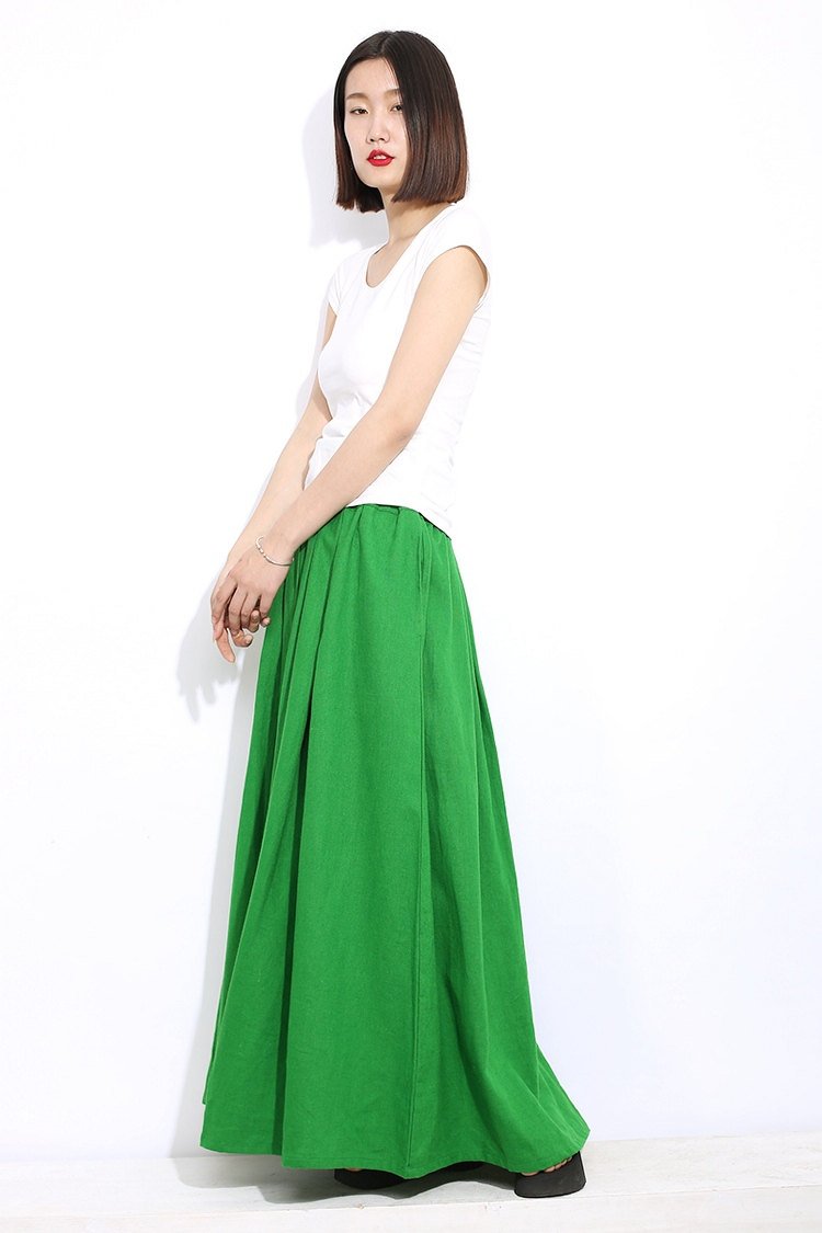 Green linen womens skirt, maxi womens summer skirt, long skirt with pockets, elastic skirt, Long linen skirt, linen pleated skirt C310