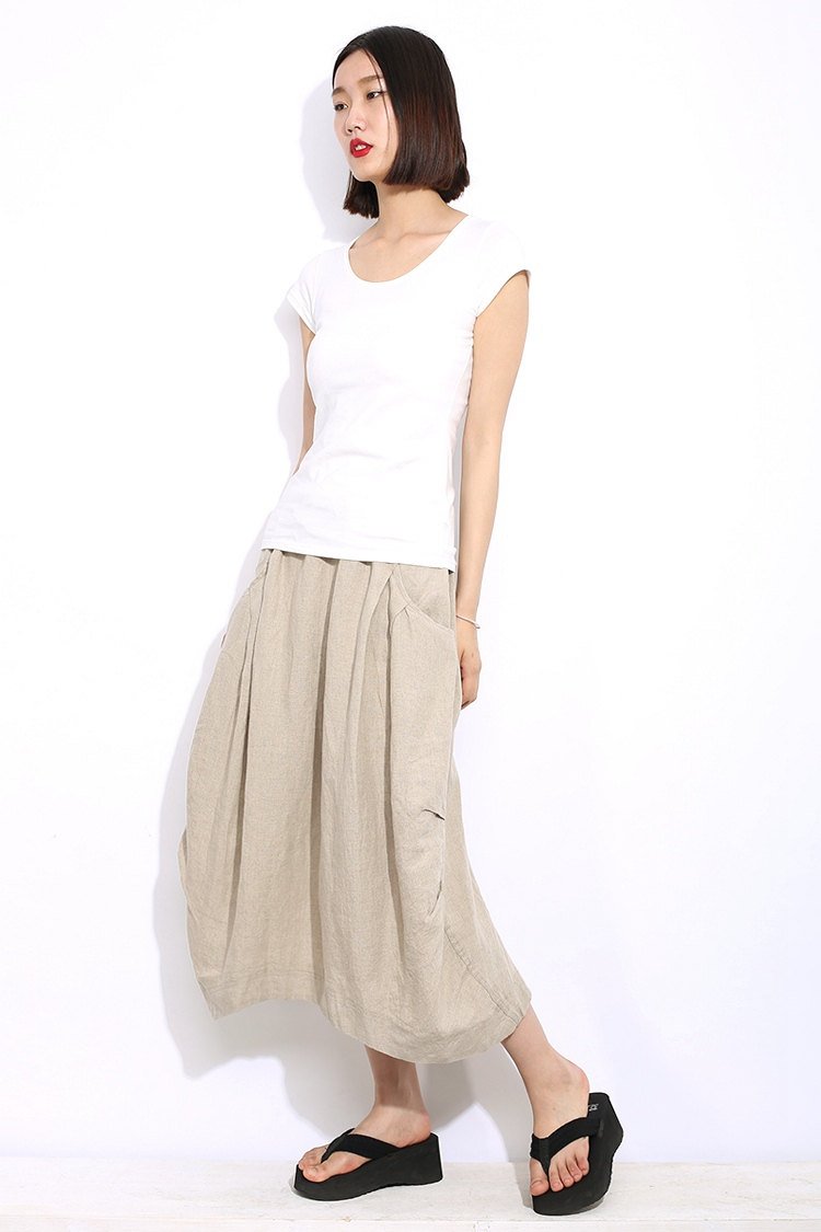 Casual Linen Skirt, Beige linen skirt, midi womens skirt, Cream Beige Mid-Length Woman's Skirt with Drawstring Waist Plus Size Clothing C321