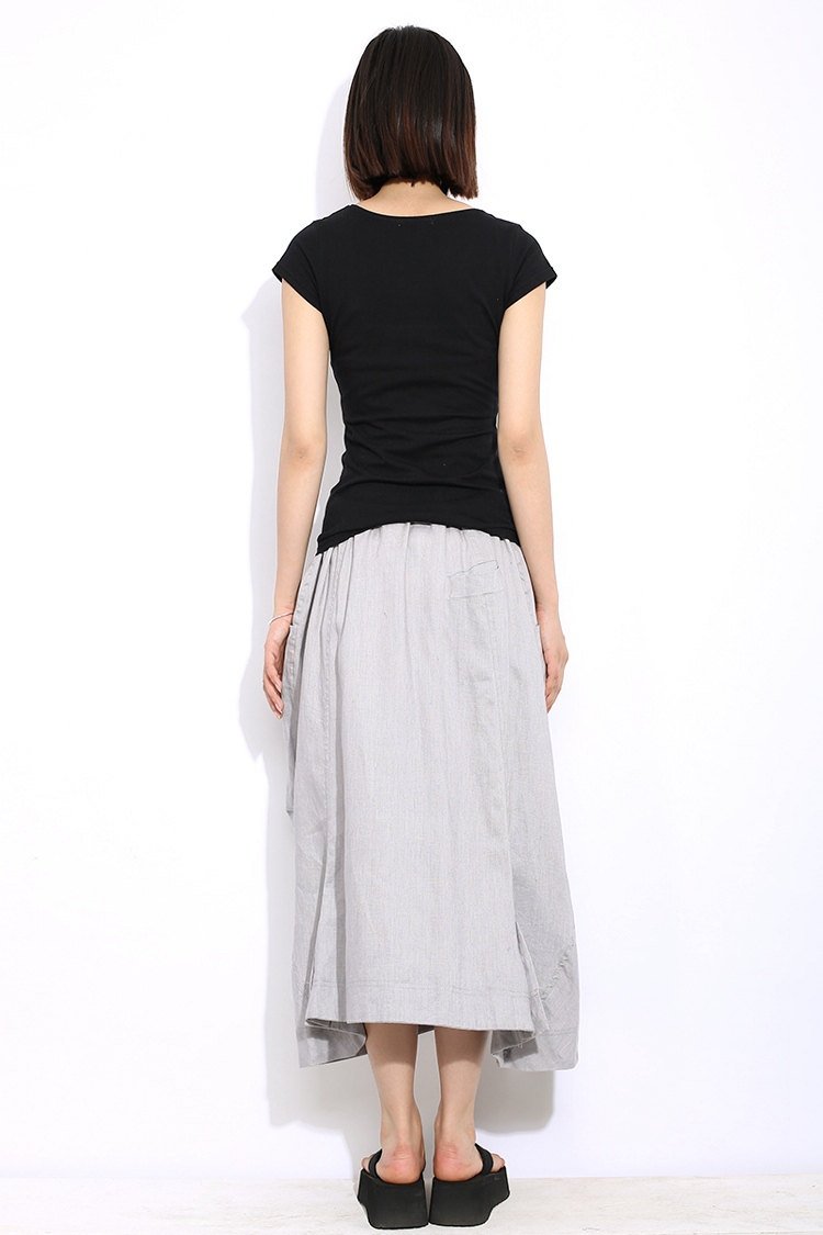 Modern Linen Skirt - Gray Handmade Designer Contemporary Everyday Casual Woman's Skirt with Drawstring Waist Plus Size (C326)