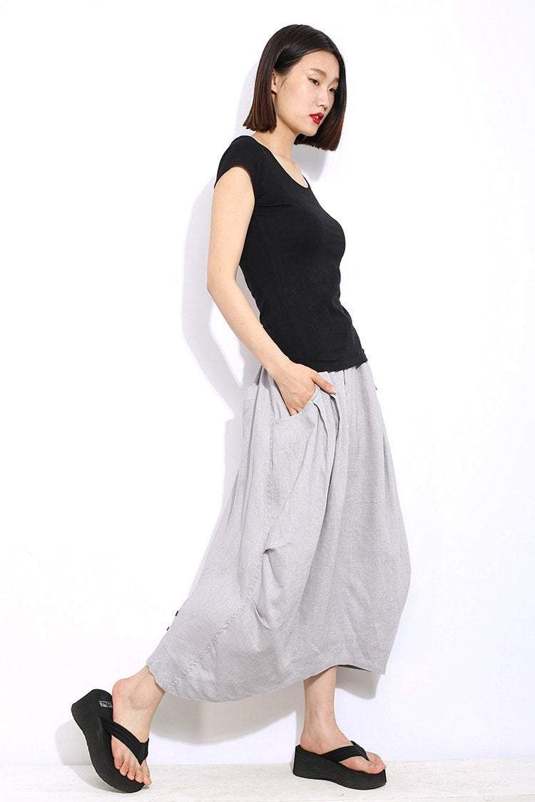 Modern Linen Skirt - Gray Handmade Designer Contemporary Everyday Casual Woman's Skirt with Drawstring Waist Plus Size (C326)