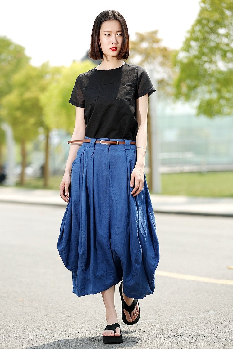 Modern Linen Skirt - Contemporary Blue Casual Every Day Comfortable Handmade Designer Woman's Skirt (C361)