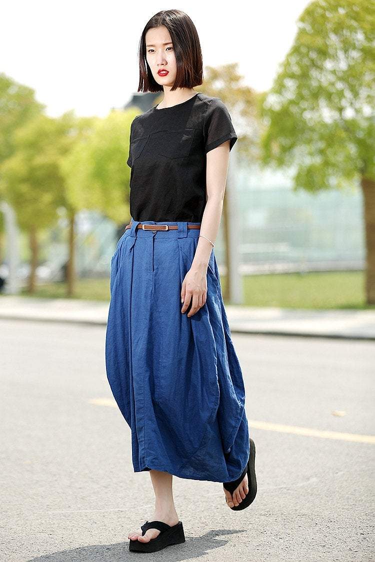 Modern Linen Skirt - Contemporary Blue Casual Every Day Comfortable Handmade Designer Woman's Skirt (C361)