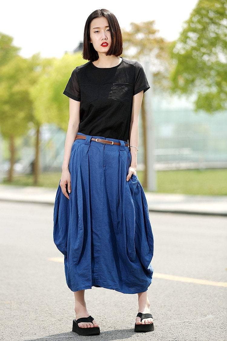 Modern Linen Skirt - Contemporary Blue Casual Every Day Comfortable Handmade Designer Woman's Skirt (C361)